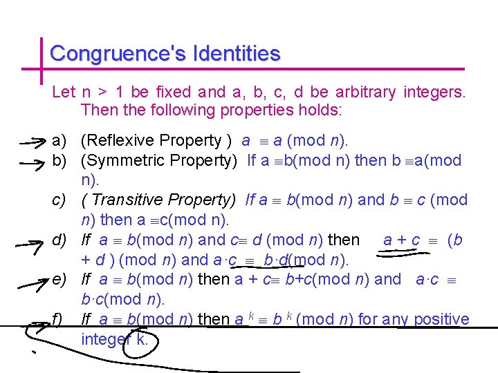Congruence's Identities Let n > 1 be fixed and a, b, c, d be
