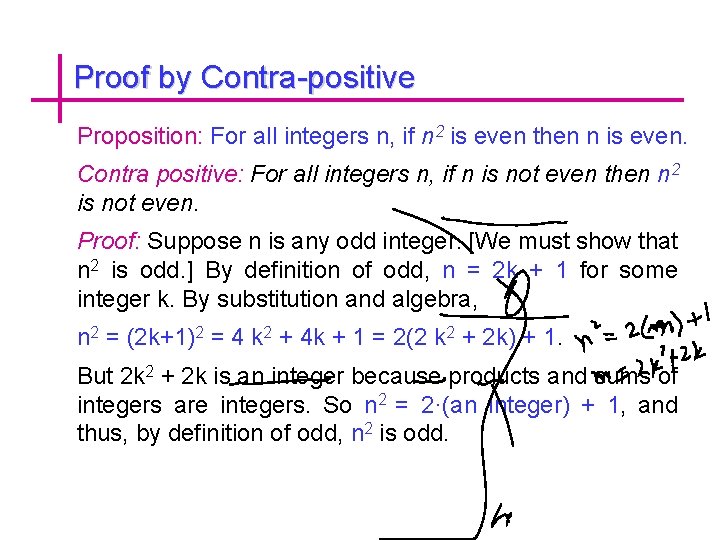 Proof by Contra-positive Proposition: For all integers n, if n 2 is even then