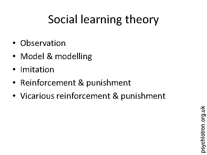 Social learning theory Observation Model & modelling Imitation Reinforcement & punishment Vicarious reinforcement &