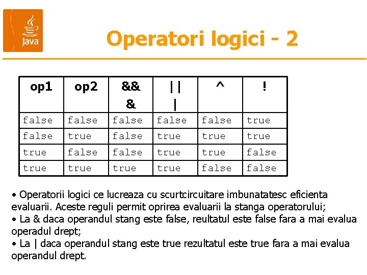 Operatori logici - 2 op 1 op 2 && & || | ^ !