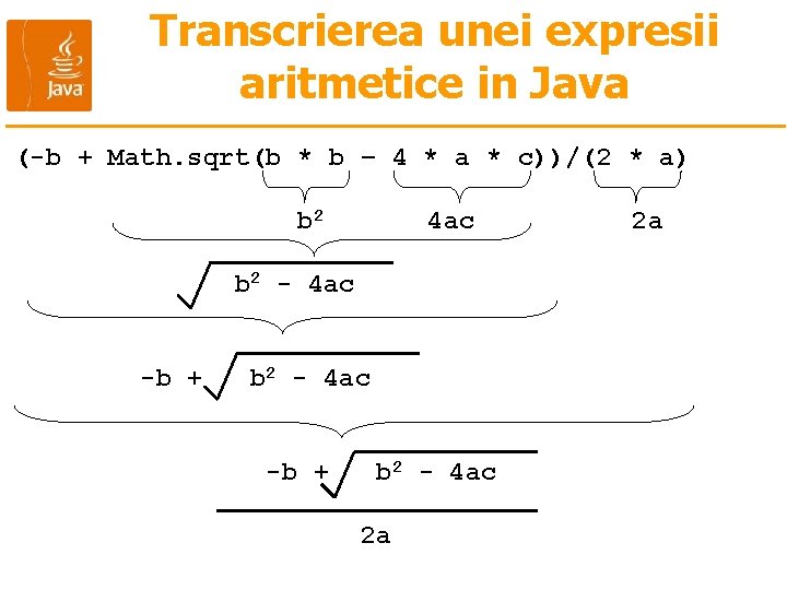 Transcrierea unei expresii aritmetice in Java (-b + Math. sqrt(b * b – 4