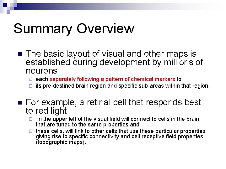 Summary Overview n The basic layout of visual and other maps is established during