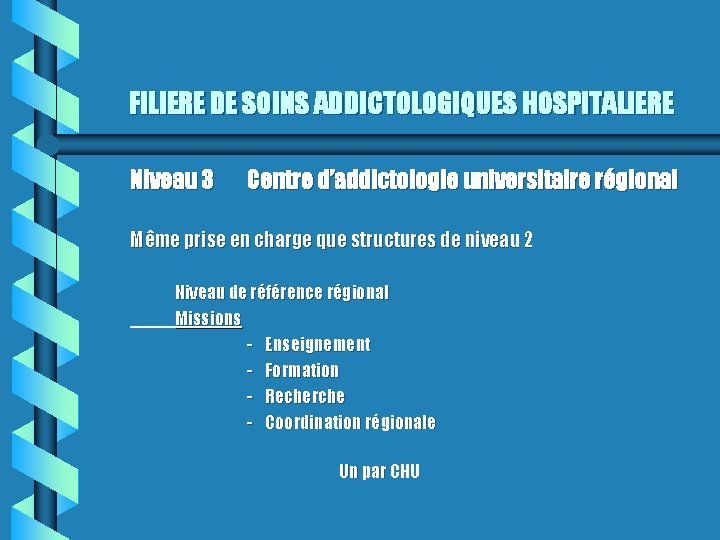 FILIERE DE SOINS ADDICTOLOGIQUES HOSPITALIERE Niveau 3 Centre d’addictologie universitaire régional Même prise en