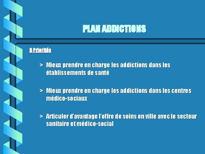 PLAN ADDICTIONS 6 Priorités > Mieux prendre en charge les addictions dans les établissements