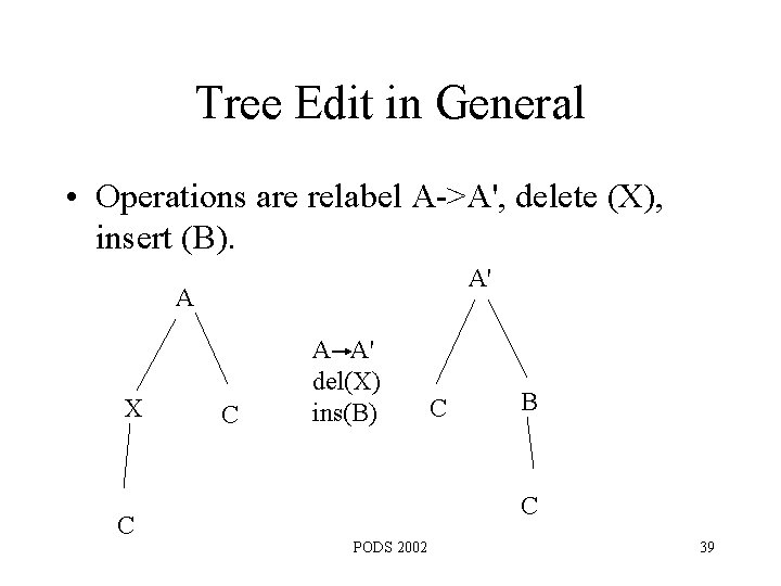 Tree Edit in General • Operations are relabel A->A', delete (X), insert (B). A'