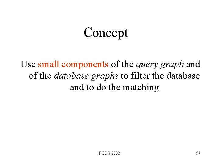 Concept Use small components of the query graph and of the database graphs to