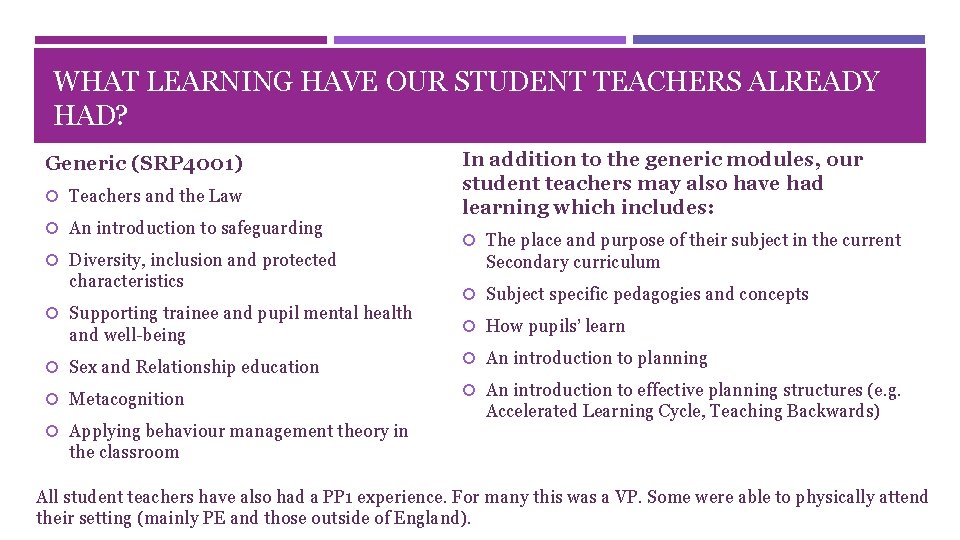 WHAT LEARNING HAVE OUR STUDENT TEACHERS ALREADY HAD? Generic (SRP 4001) Teachers and the