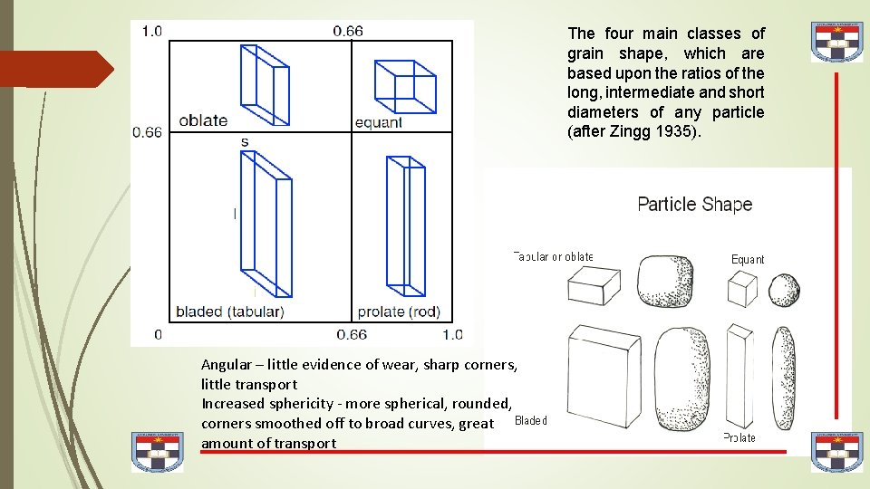 The four main classes of grain shape, which are based upon the ratios of