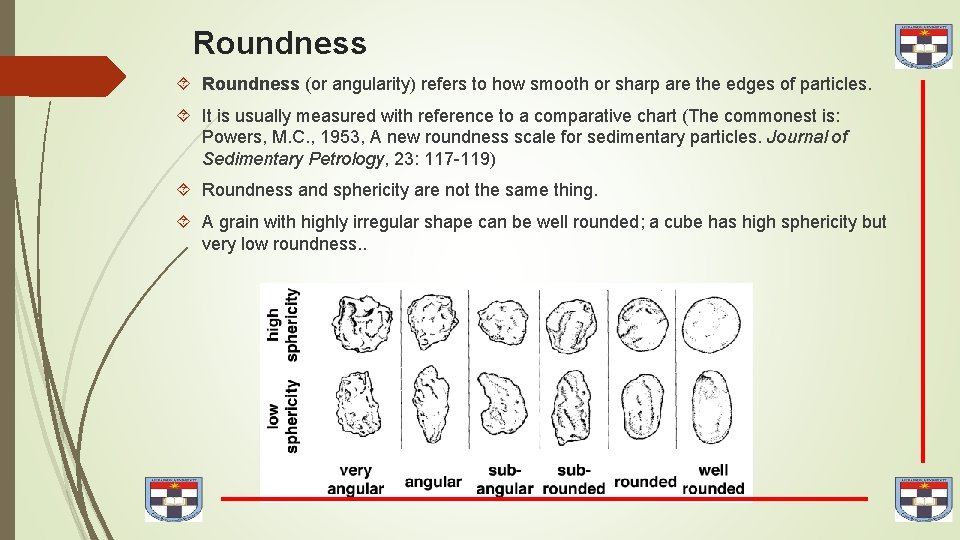 Roundness (or angularity) refers to how smooth or sharp are the edges of particles.