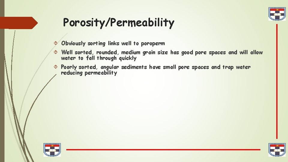 Porosity/Permeability Obviously sorting links well to poroperm Well sorted, rounded, medium grain size has