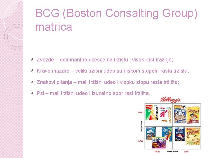 BCG (Boston Consalting Group) matrica √ Zvezde – dominantno učešće na tržištu i visok