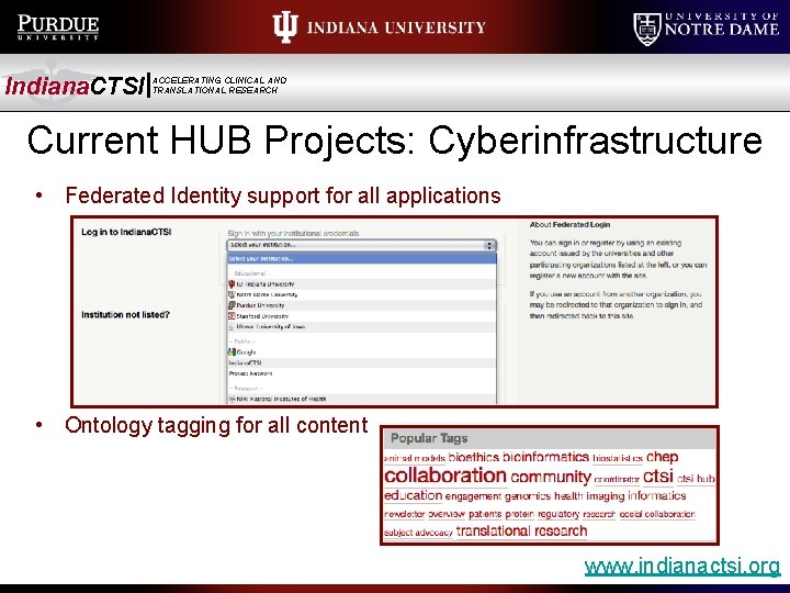 Indiana. CTSI ACCELERATING CLINICAL AND TRANSLATIONAL RESEARCH Current HUB Projects: Cyberinfrastructure • Federated Identity