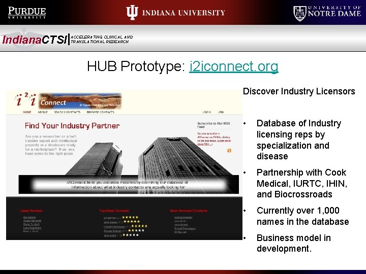 Indiana. CTSI ACCELERATING CLINICAL AND TRANSLATIONAL RESEARCH HUB Prototype: i 2 iconnect. org Discover