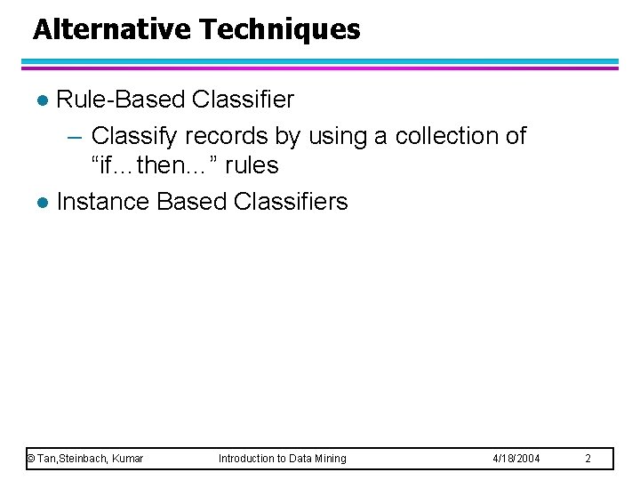 Alternative Techniques Rule-Based Classifier – Classify records by using a collection of “if…then…” rules