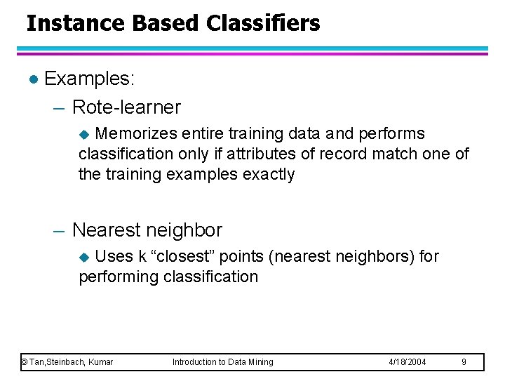 Instance Based Classifiers l Examples: – Rote-learner Memorizes entire training data and performs classification