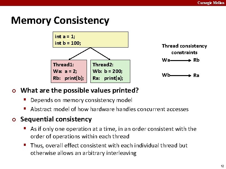 Carnegie Mellon Memory Consistency int a = 1; int b = 100; Thread 1: