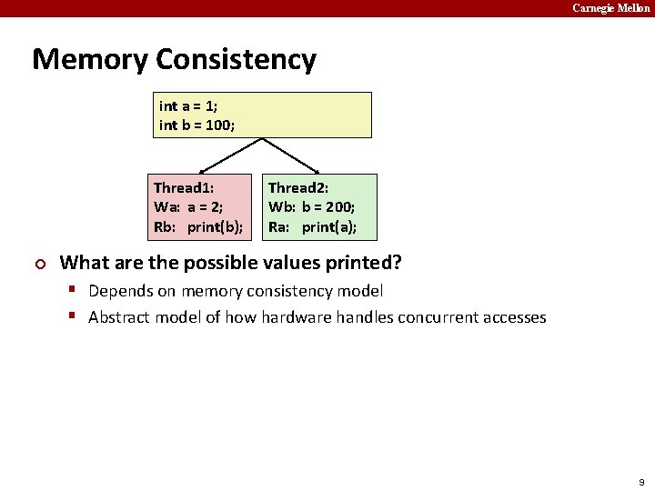 Carnegie Mellon Memory Consistency int a = 1; int b = 100; Thread 1: