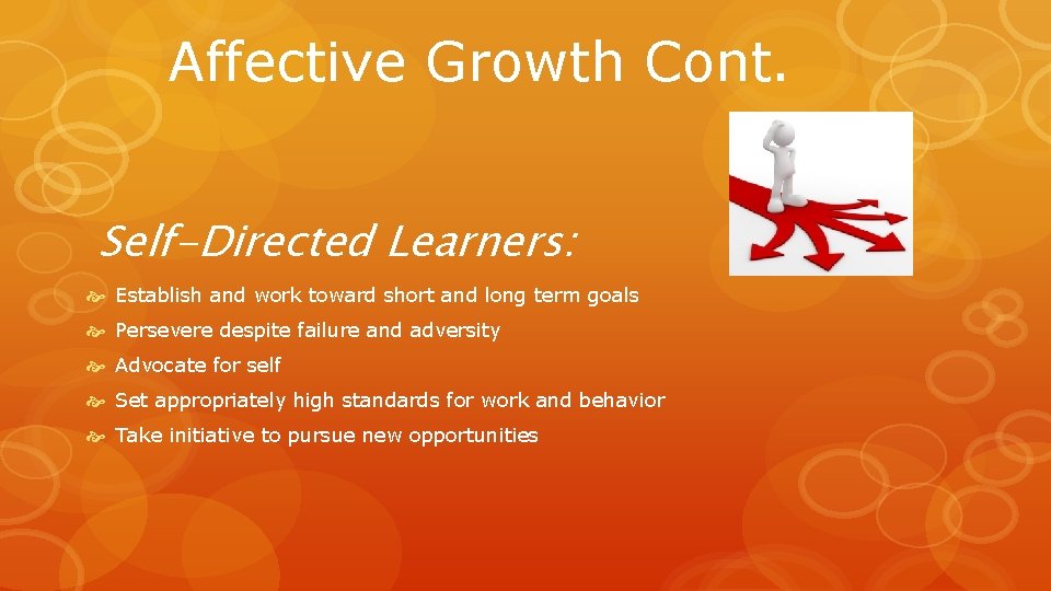 Affective Growth Cont. Self-Directed Learners: Establish and work toward short and long term goals