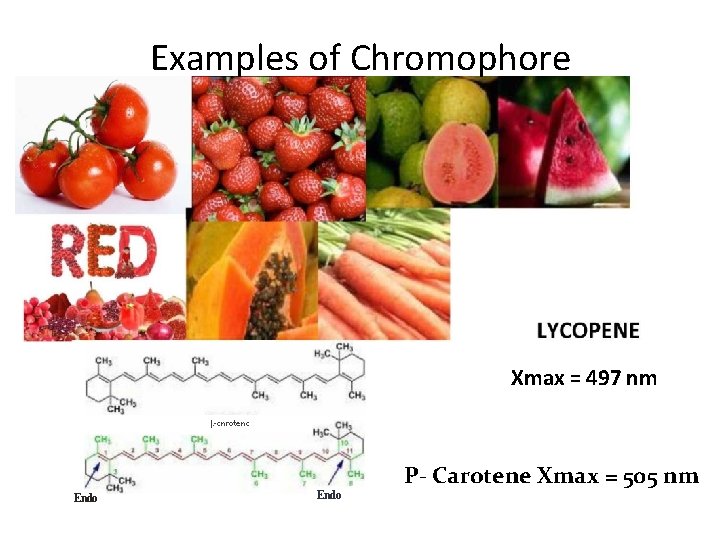 Examples of Chromophore Xmax = 497 nm |. -cnrotenc Endo P- Carotene Xmax =