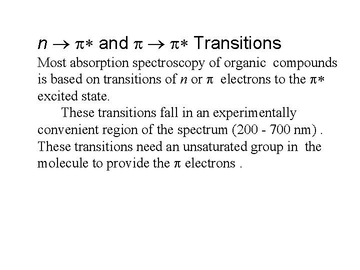 n ® p* and p ® p* Transitions Most absorption spectroscopy of organic compounds