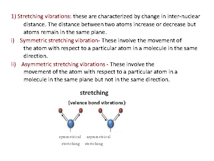 1) Stretching vibrations: these are characterized by change in inter-nuclear distance. The distance between