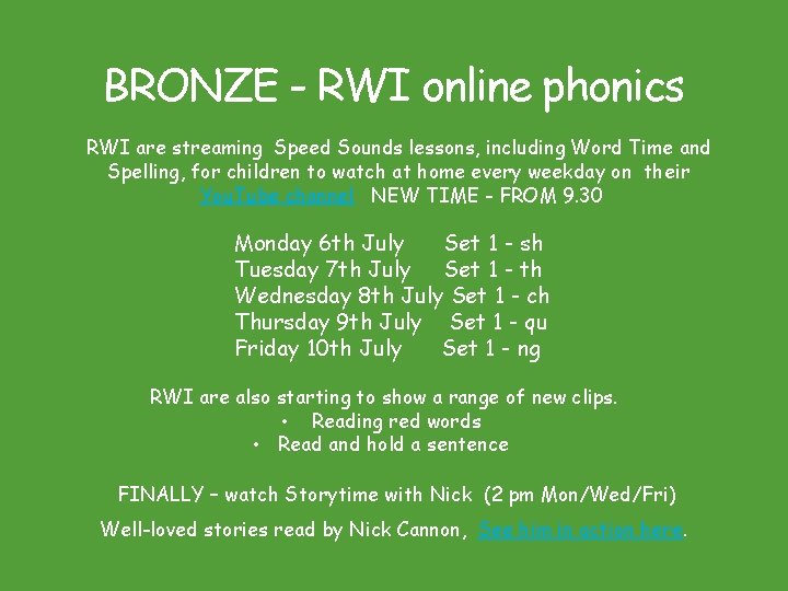 BRONZE - RWI online phonics RWI are streaming Speed Sounds lessons, including Word Time