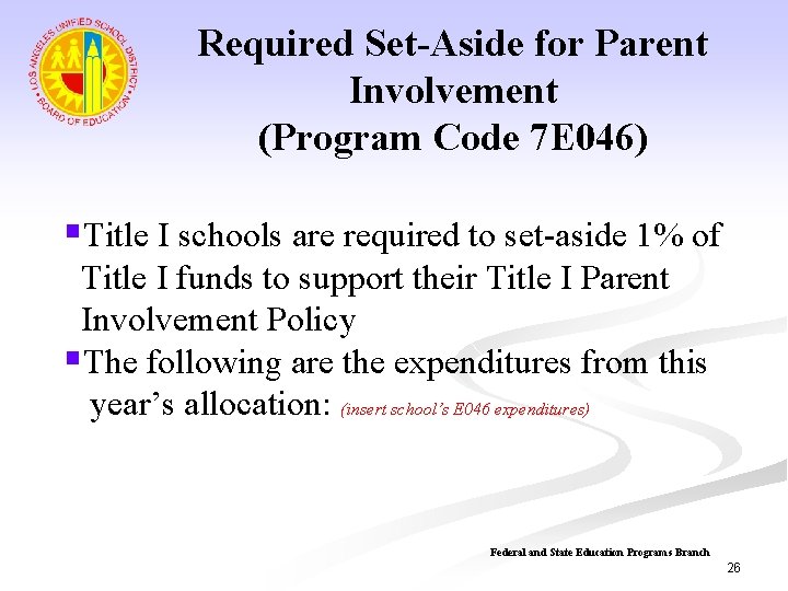 Required Set-Aside for Parent Involvement (Program Code 7 E 046) §Title I schools are