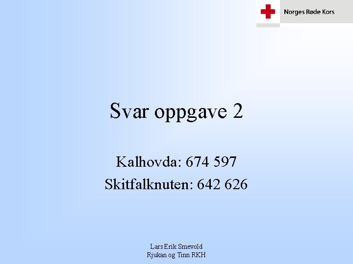 Svar oppgave 2 Kalhovda: 674 597 Skitfalknuten: 642 626 Lars Erik Smevold Rjukan og