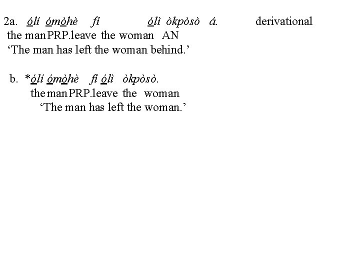 2 a. ólí ómòhè fí ólì òkpòsò á. the man. PRP. leave the woman