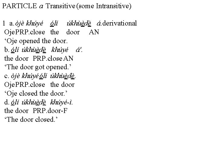 PARTICLE a Transitive (some Intransitive) 1 a. òjè khúyé ólí úkhùèdè á. derivational Oje.