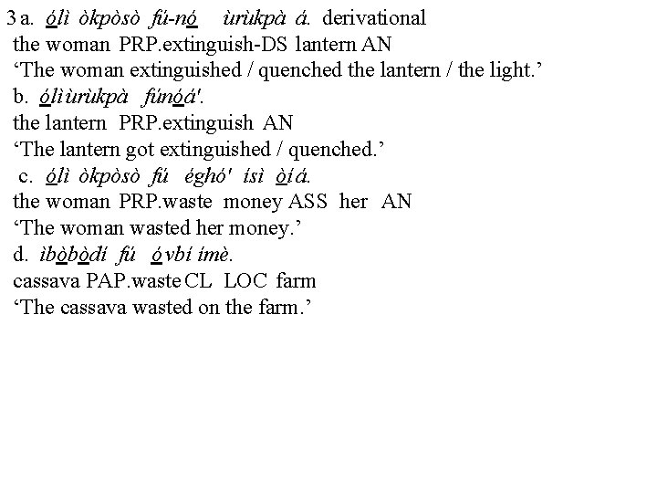 3 a. ólì òkpòsò fú-nó ùrùkpà á. derivational the woman PRP. extinguish-DS lantern AN