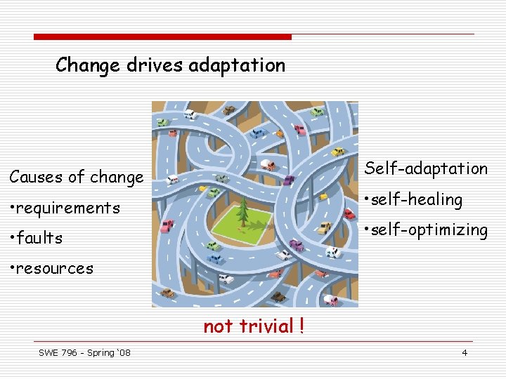 Change drives adaptation Self-adaptation Causes of change • self-healing • requirements • self-optimizing •