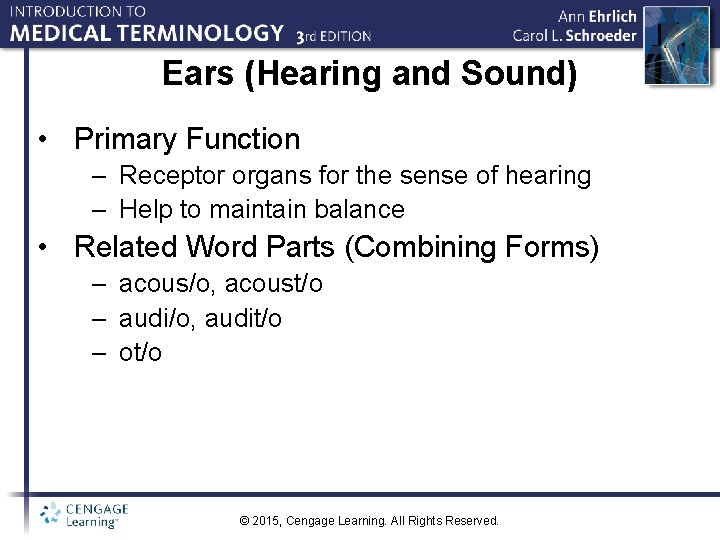 Ears (Hearing and Sound) • Primary Function – Receptor organs for the sense of