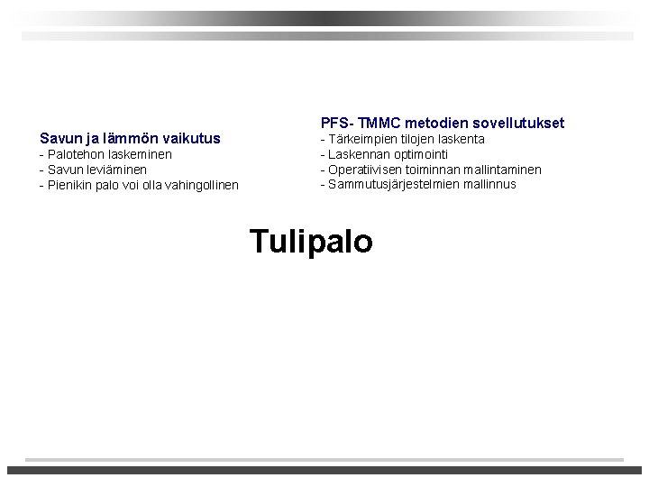 Savun ja lämmön vaikutus - Palotehon laskeminen - Savun leviäminen - Pienikin palo voi