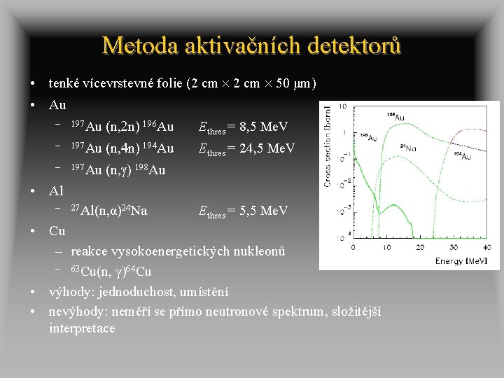 Metoda aktivačních detektorů • tenké vícevrstevné folie (2 cm 50 μm) • Au –