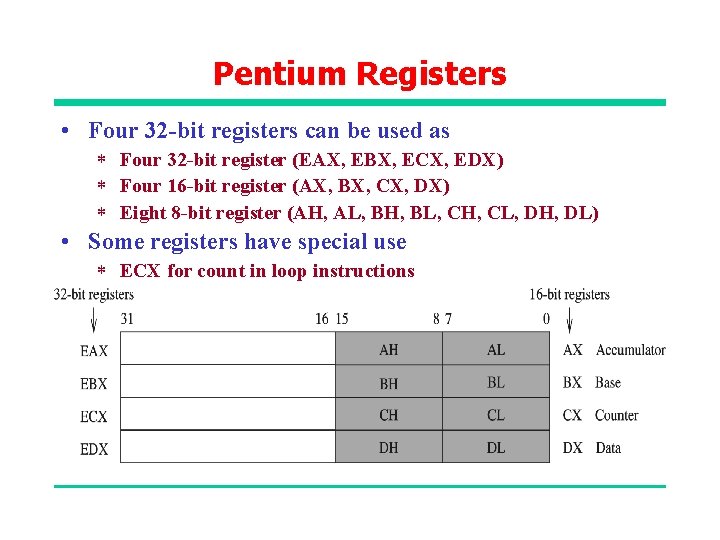 Pentium Registers • Four 32 -bit registers can be used as * Four 32