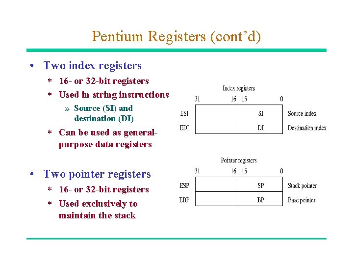 Pentium Registers (cont’d) • Two index registers * 16 - or 32 -bit registers