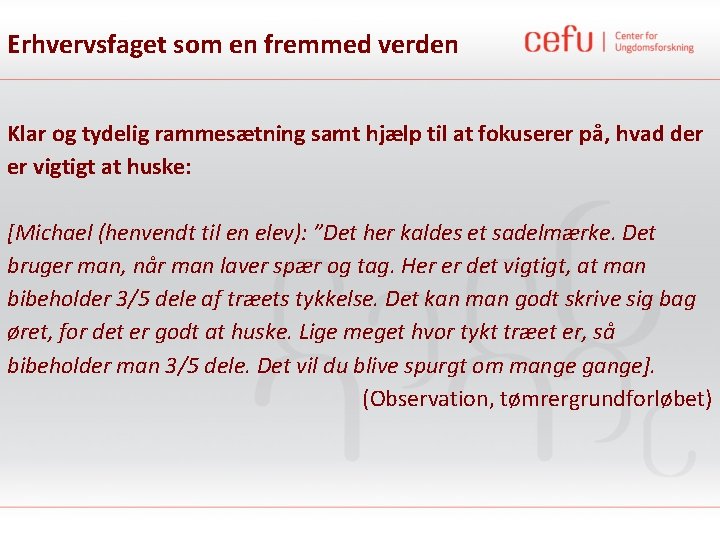 Erhvervsfaget som en fremmed verden Klar og tydelig rammesætning samt hjælp til at fokuserer