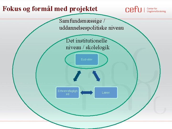 Fokus og formål med projektet Samfundsmæssige / uddannelsespolitiske niveau Det institutionelle niveau / skolelogik