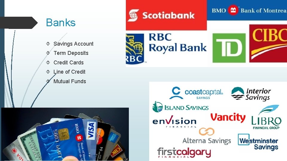 Banks Savings Account Term Deposits Credit Cards Line of Credit Mutual Funds 