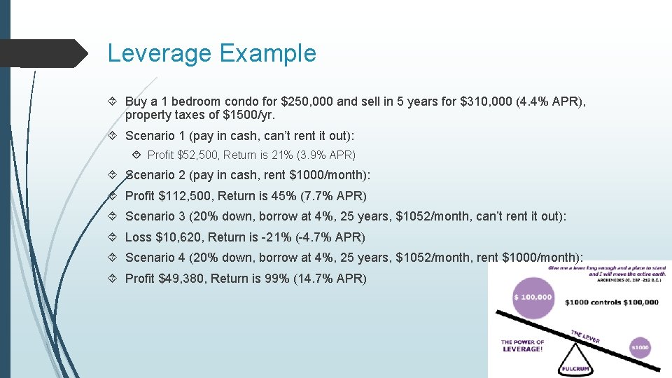 Leverage Example Buy a 1 bedroom condo for $250, 000 and sell in 5