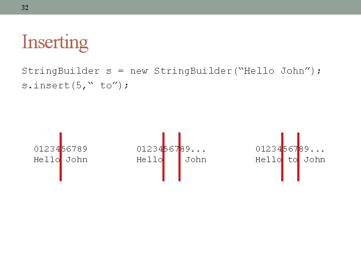 32 Inserting String. Builder s = new String. Builder(“Hello John”); s. insert(5, “ to”);