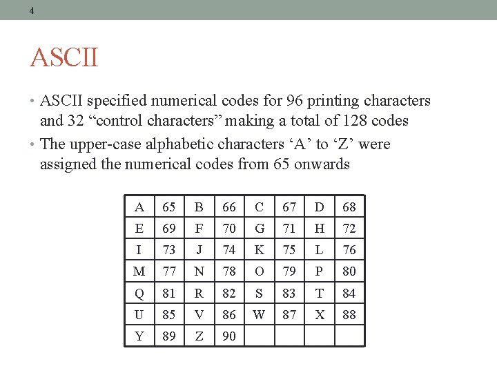 4 ASCII • ASCII specified numerical codes for 96 printing characters and 32 “control