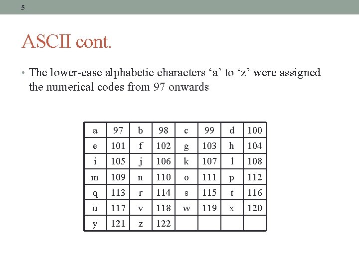 5 ASCII cont. • The lower-case alphabetic characters ‘a’ to ‘z’ were assigned the
