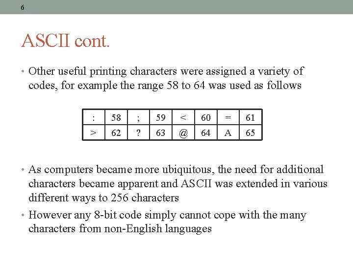 6 ASCII cont. • Other useful printing characters were assigned a variety of codes,