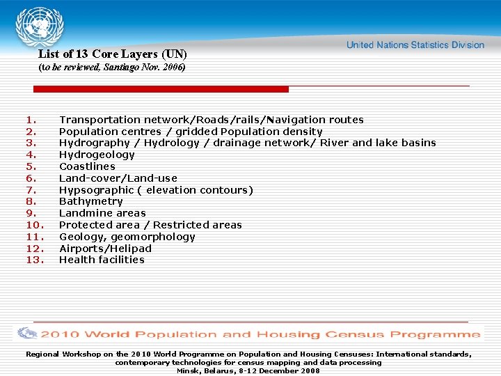 List of 13 Core Layers (UN) (to be reviewed, Santiago Nov. 2006) 1. 2.