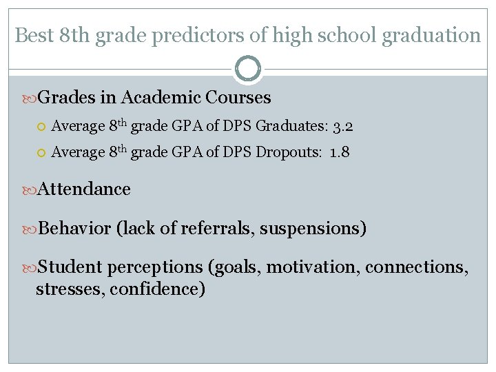 Best 8 th grade predictors of high school graduation Grades in Academic Courses Average