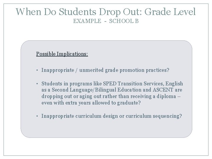When Do Students Drop Out: Grade Level EXAMPLE - SCHOOL B Possible Implications: •