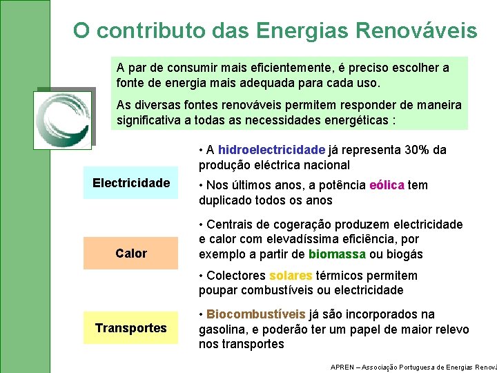 O contributo das Energias Renováveis A par de consumir mais eficientemente, é preciso escolher