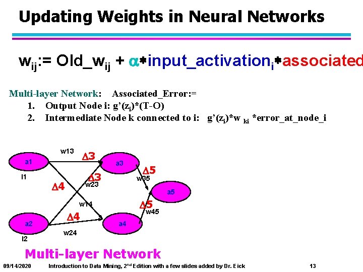 Updating Weights in Neural Networks wij: = Old_wij + a*input_activationi*associated Multi-layer Network: Associated_Error: =